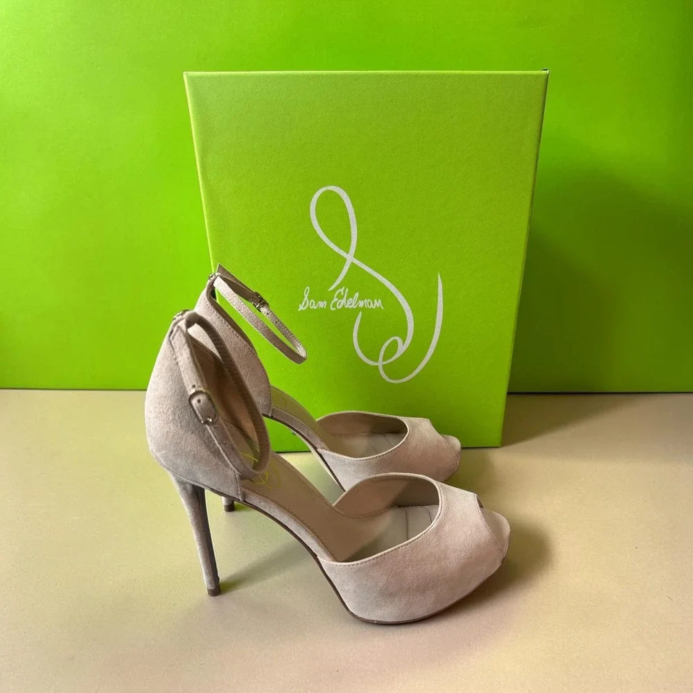Sam Edelman Oatmeal Suede Peep Toe Platform Ankle Strap Stiletto Heels 6.5